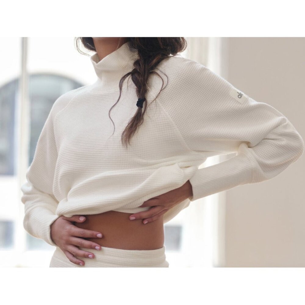 Alo Weekend Escape Mock Neck Long Sleeve Ivory Waffle Thermal Turtleneck Sweater - Picture 7 of 16